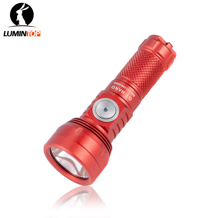 Lumintop GT Nano 3.0 thumb-sized red torch with 700 lumens, 400m throw, USB-C charging & IPX8 waterproof design. 