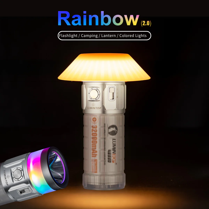 Lumintop Rainbow 2.0 torch combines flashlight, camping lantern & RGB ambient light. 3000 lumens, 1000m beam, USB-C power bank & versatile modes.