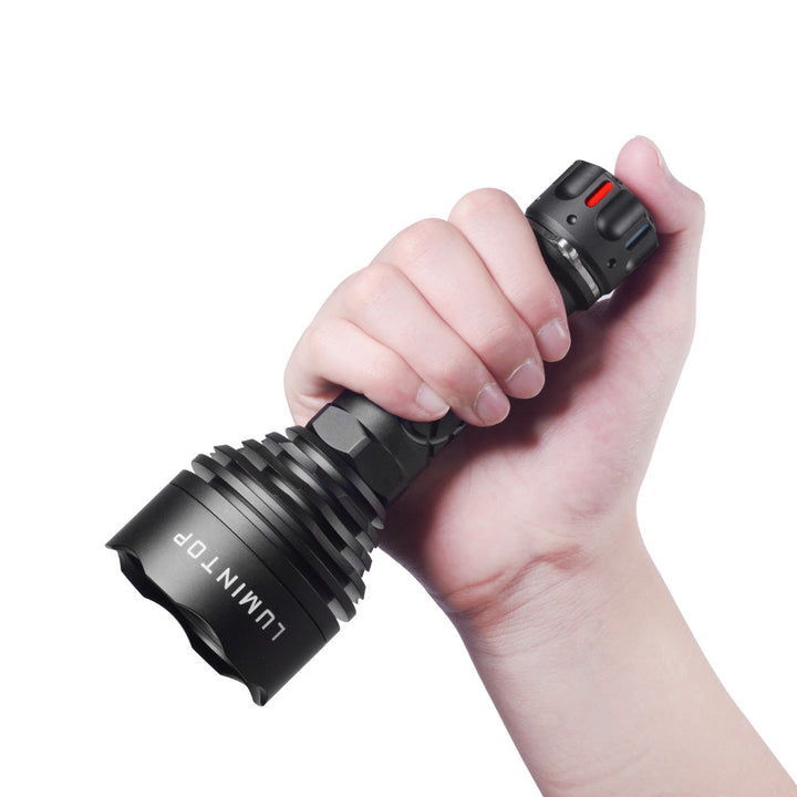Lumintop THOR3 LEP torch with 2,500m beam range, single-hand tail switch operation for long-range search and tactical use.