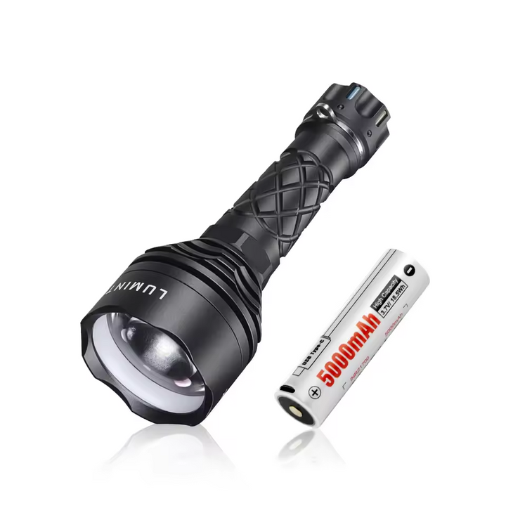 Lumintop THOR3 long range LEP flashlight is powered by one USB rechargeable 21700 Li-ion battery.