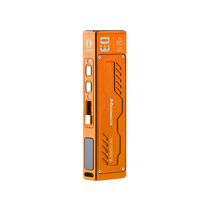 Moonbox 3.0 Orange flashlight has dual buttons, modes selector and OLED smart display